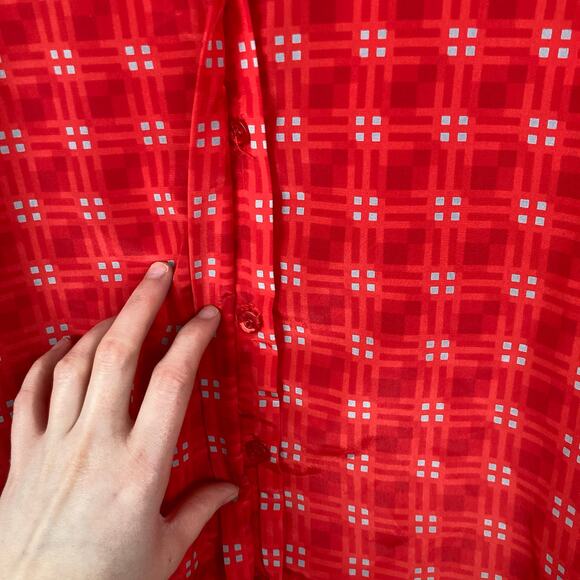 Vintage Womens L Red Geo Check Print Button Up Blouse Twee Office Retro Mod - Picture 5 of 9
